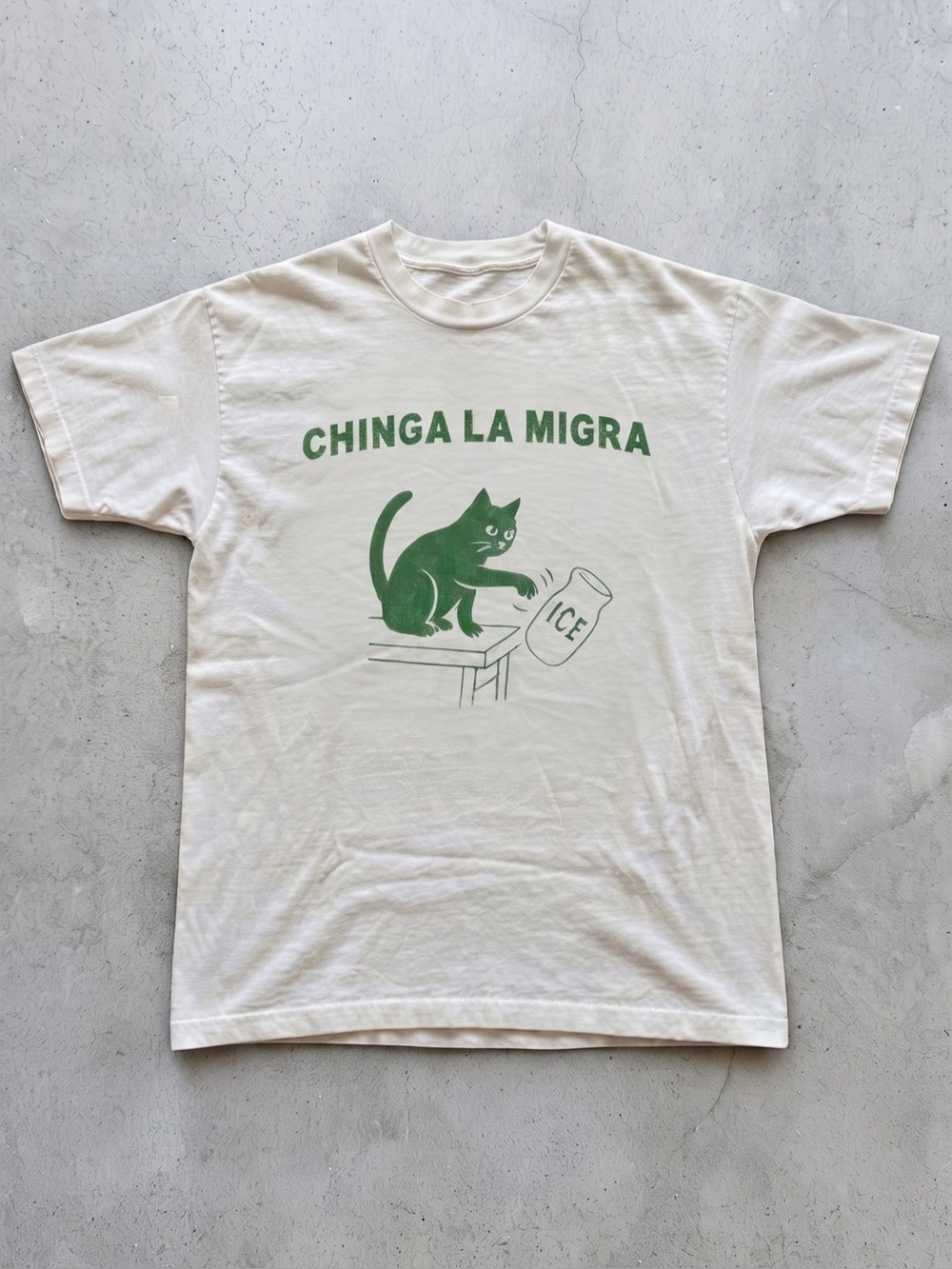"Chinga La Migra" Green Cat Graphic White Tee - Gildan Cotton T-Shirt